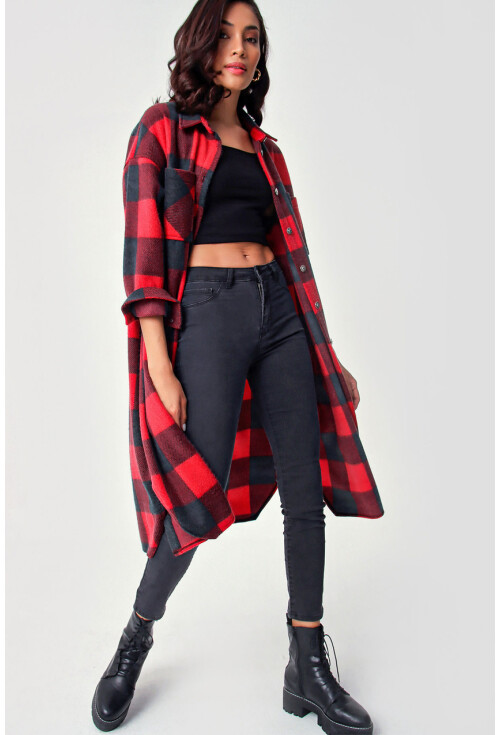 5805 Ekose Desen Uzun Oversize Tunik