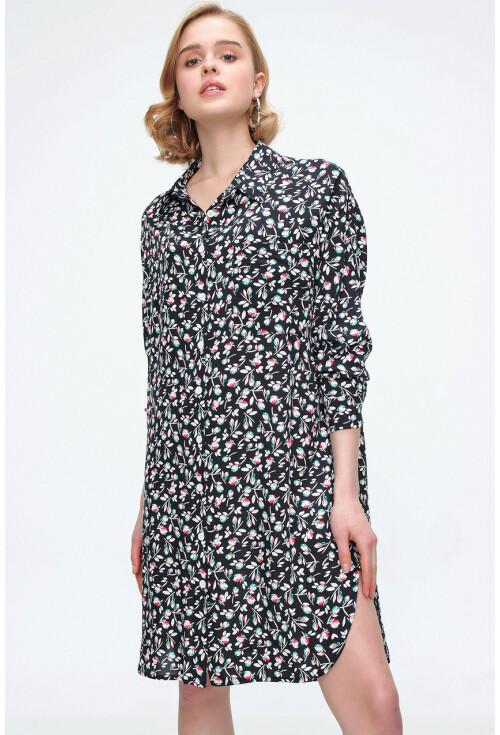 5813 Çiçek Desenli Tek Cepli Oversize Tunik