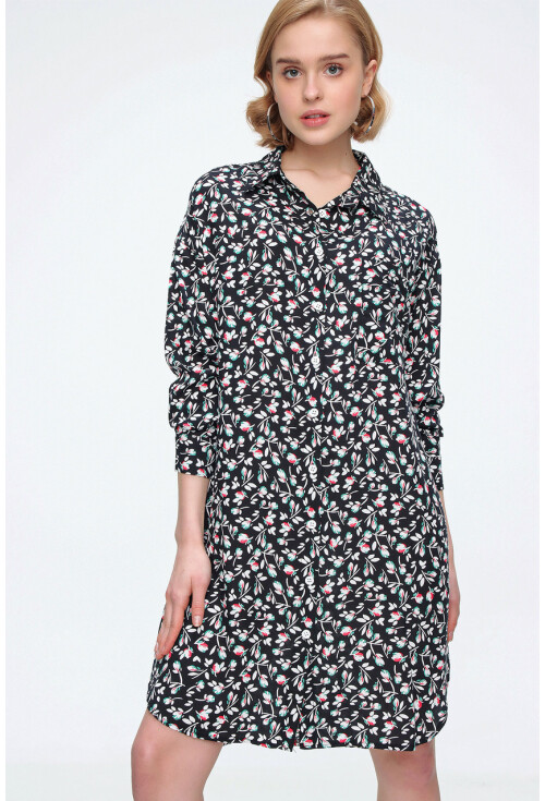5813 Çiçek Desenli Tek Cepli Oversize Tunik
