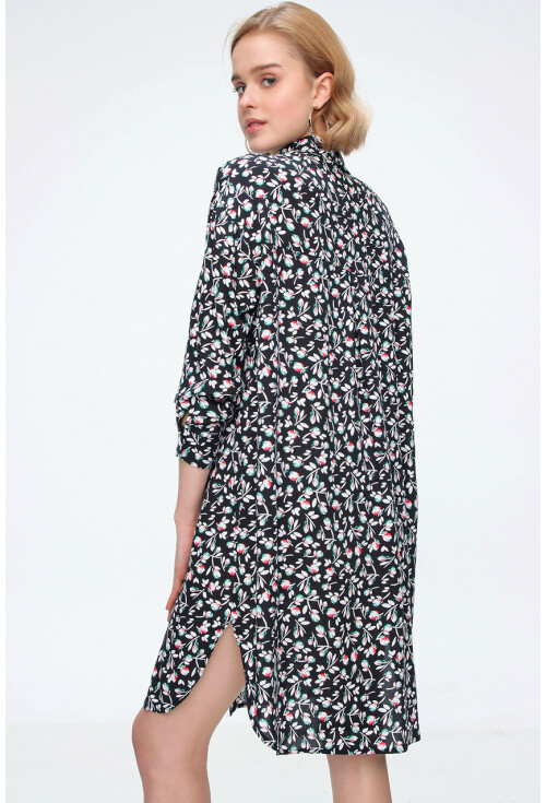 5813 Çiçek Desenli Tek Cepli Oversize Tunik