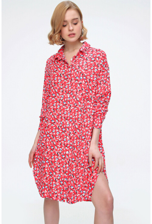 5813 Çiçek Desenli Tek Cepli Oversize Tunik