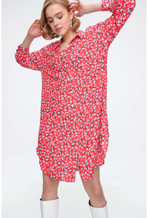 5813 Çiçek Desenli Tek Cepli Oversize Tunik