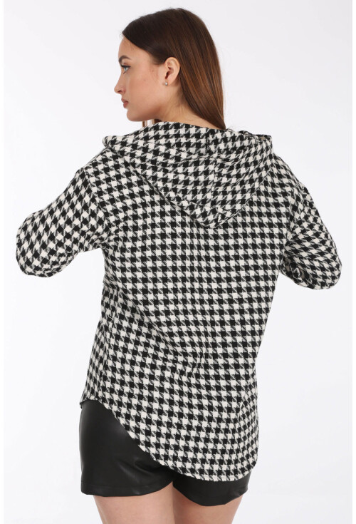 3868 Kapşonlu Kazayağı Desen Oversize Gömlek