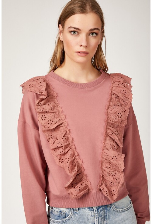 4119 Volan Gübür Detaylı Crop Sweat Bluz