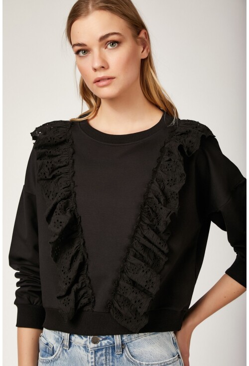 4119 Volan Gübür Detaylı Crop Sweat Bluz