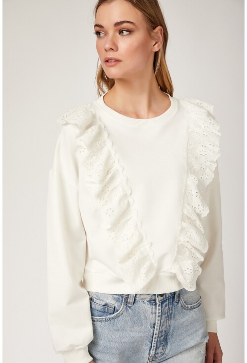 4119 Volan Gübür Detaylı Crop Sweat Bluz