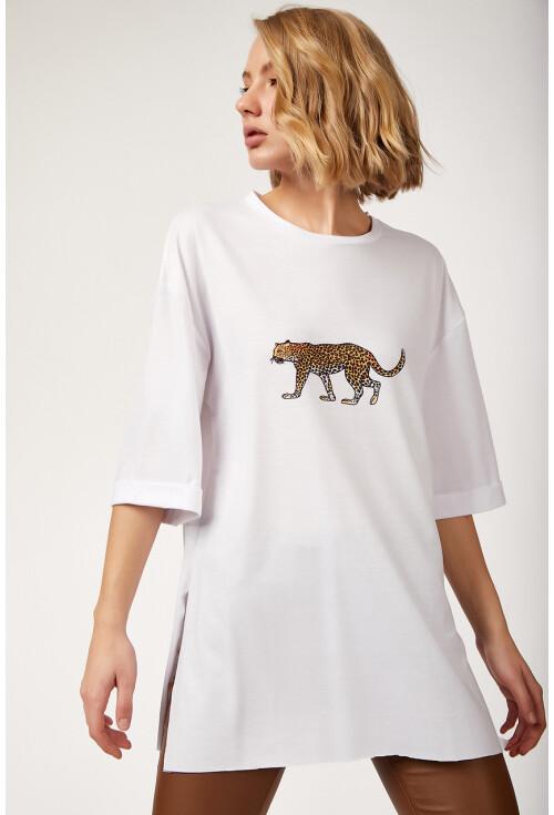 4138 Aslan Baskılı Yanı Yırtmaçlı Tshirt