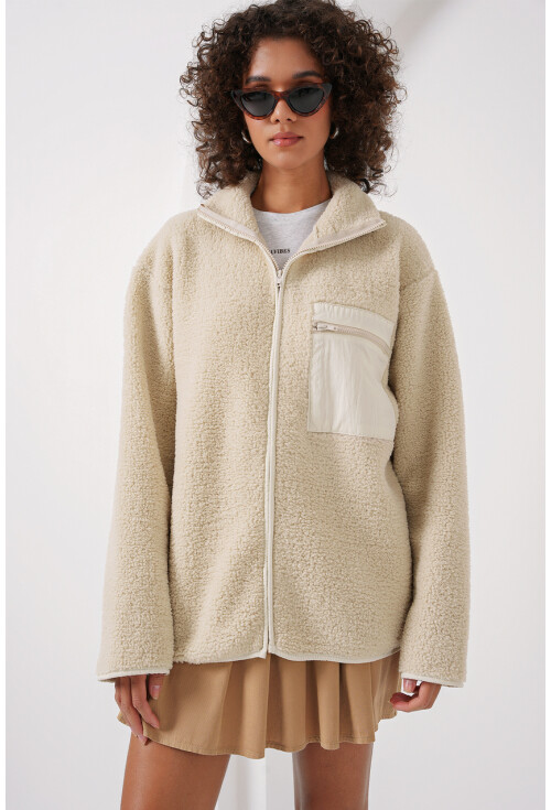 55446 Fermuarlı Oversize Peluş Ceket