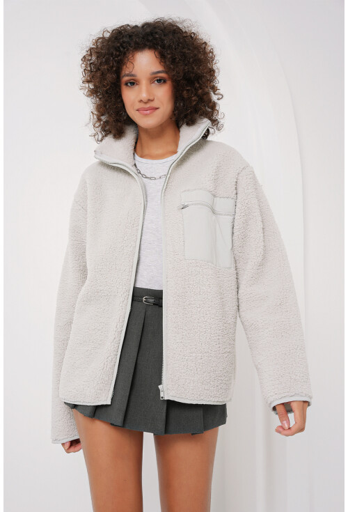 55446 Fermuarlı Oversize Peluş Ceket