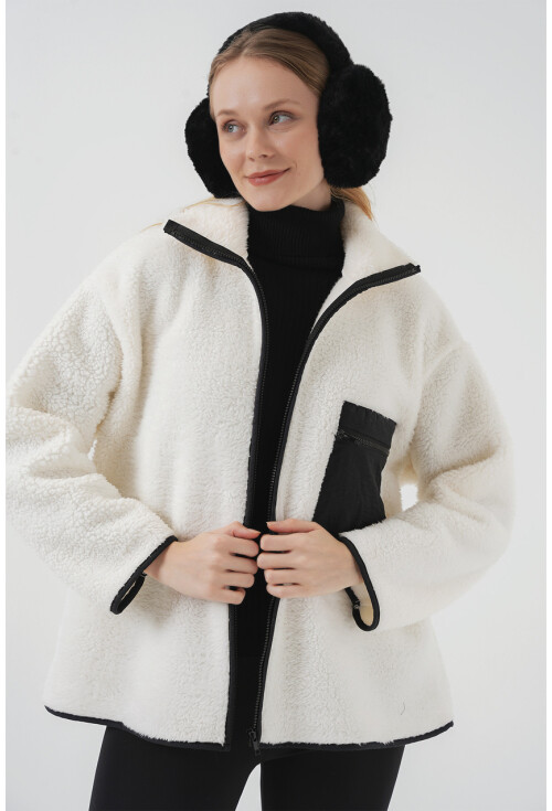 55446 Fermuarlı Oversize Peluş Ceket Mont