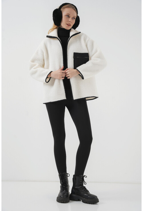 55446 Fermuarlı Oversize Peluş Ceket Mont