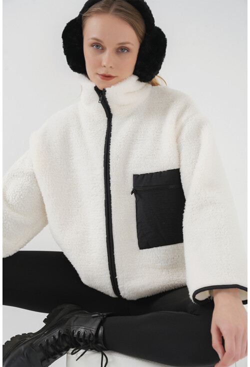 55446 Fermuarlı Oversize Peluş Ceket Mont