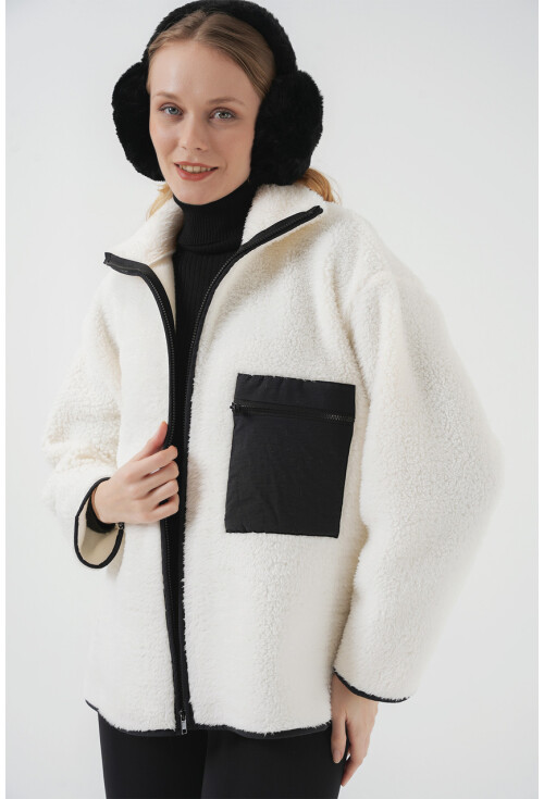 55446 Fermuarlı Oversize Peluş Ceket Mont