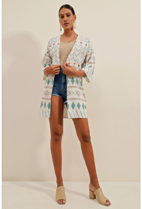 5896 Desenli Keten Kimono