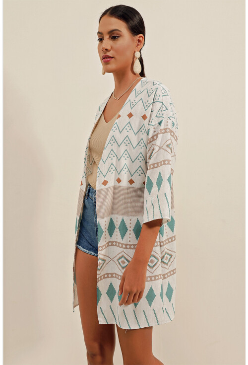 5896 Desenli Keten Kimono