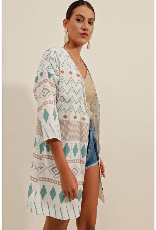 5896 Desenli Keten Kimono