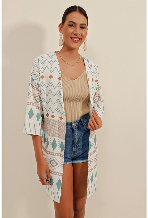 5896 Desenli Keten Kimono