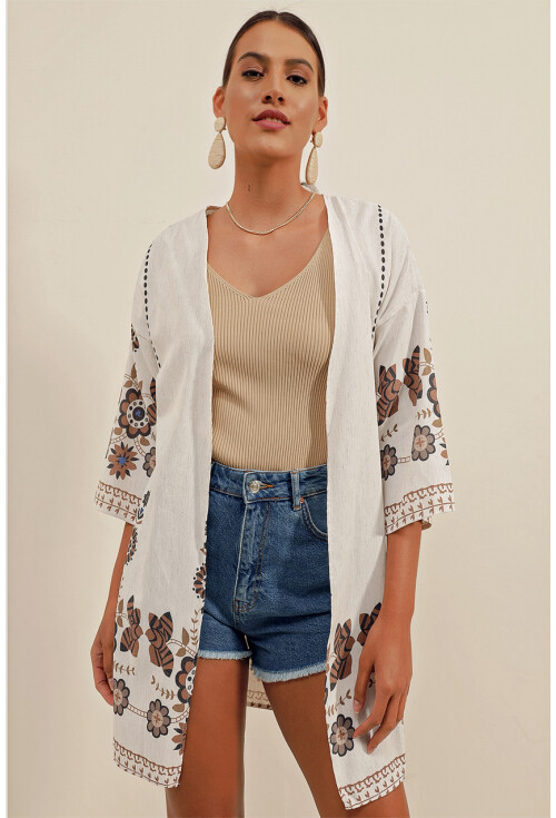 5896 Desenli Keten Kimono