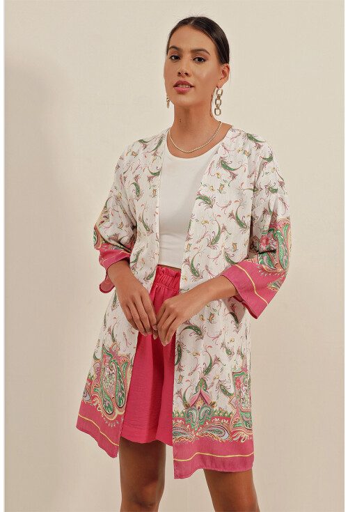 5896 Desenli Keten Kimono