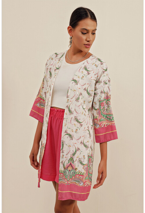 5896 Desenli Keten Kimono