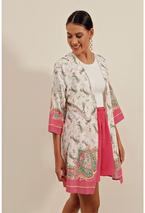 5896 Desenli Keten Kimono