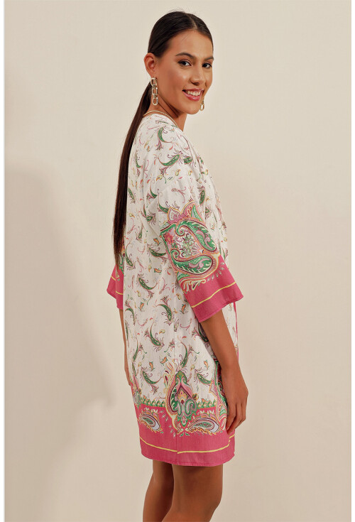 5896 Desenli Keten Kimono
