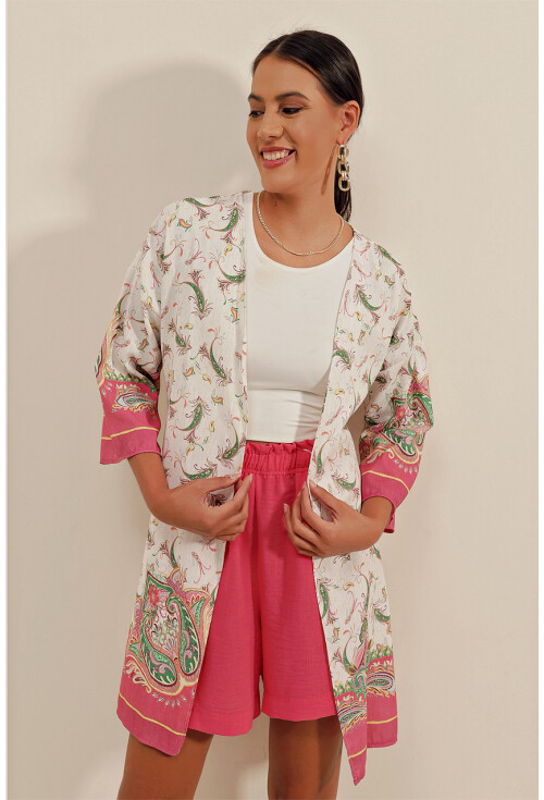 5896 Desenli Keten Kimono