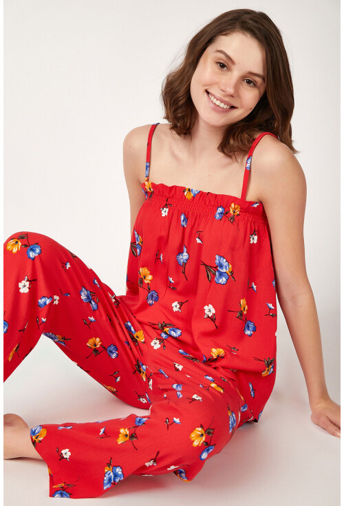 6473 Çiçek Desenli Fırfırlı Alt Üst Pijama Takımı