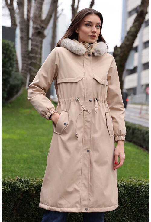9135 Faux Fur Collar Fleece-Lined Long Coat