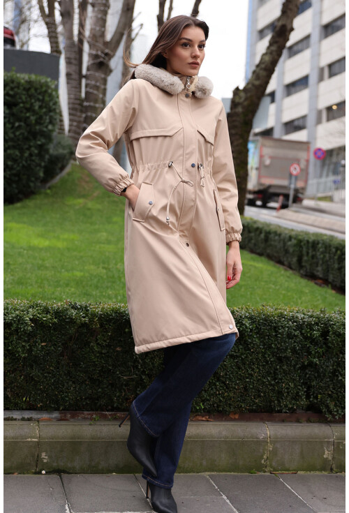 9135 Faux Fur Collar Fleece-Lined Long Coat
