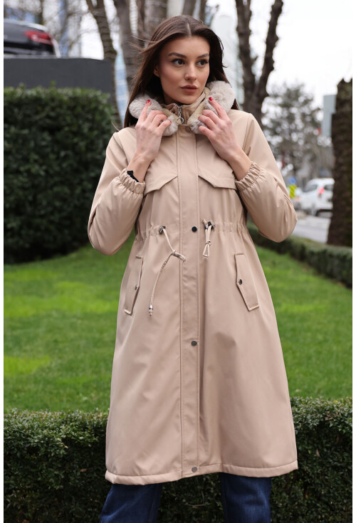 9135 Faux Fur Collar Fleece-Lined Long Coat