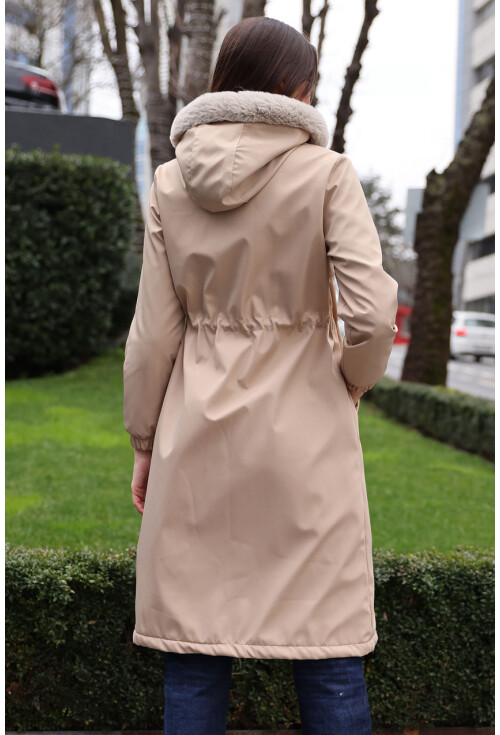 9135 Faux Fur Collar Fleece-Lined Long Coat