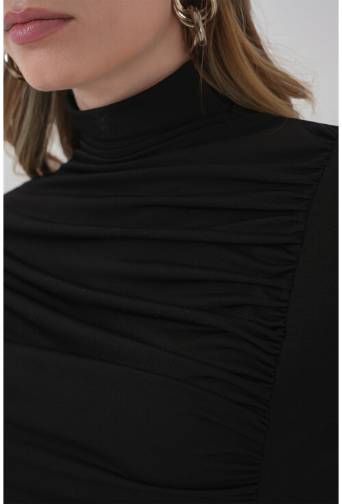 938 Büzgü Detaylı Dik Yaka Sandy Bluz