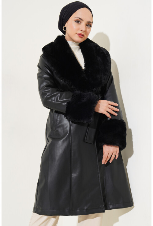 1026 Yaka Kürklü Kemerli Suni Deri Mont