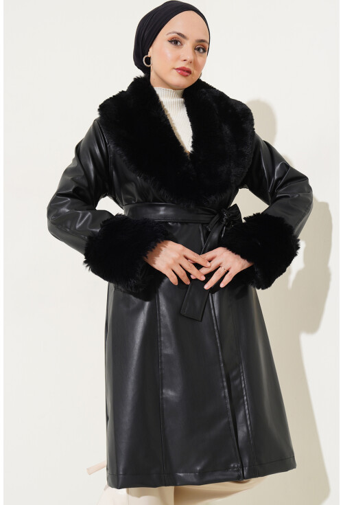1026 Yaka Kürklü Kemerli Suni Deri Mont