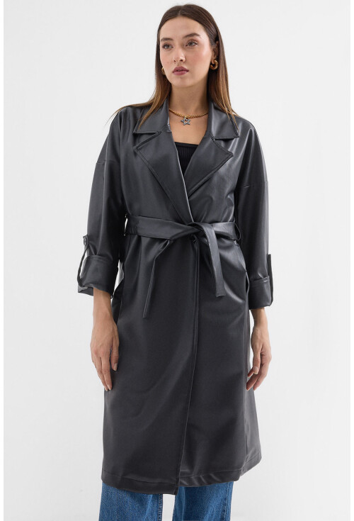1034 Faux Leather Trench Coat With Belt