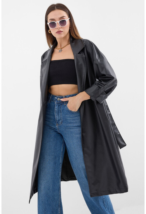 1034 Faux Leather Trench Coat With Belt