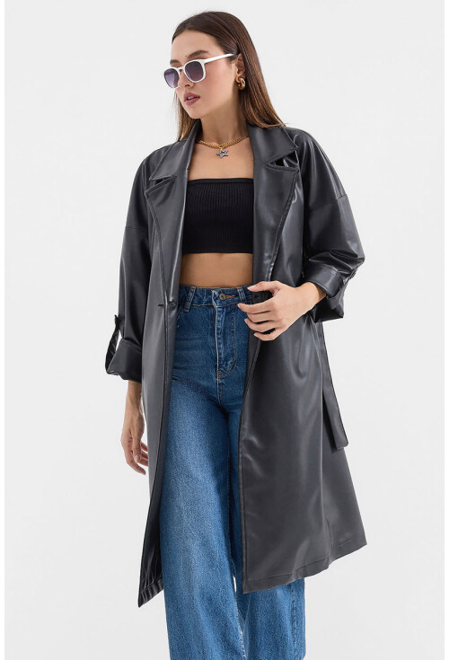 1034 Faux Leather Trench Coat With Belt