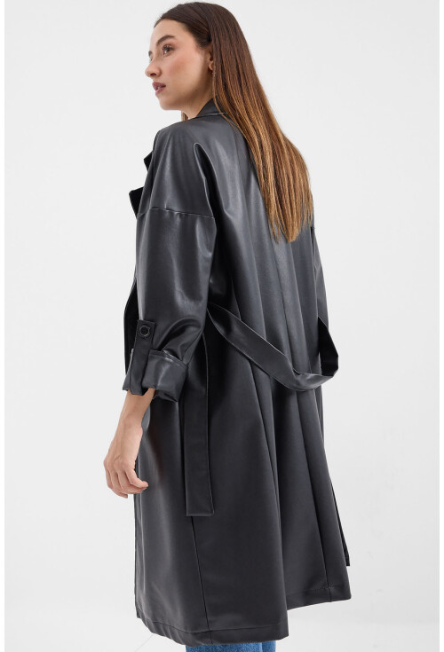 1034 Faux Leather Trench Coat With Belt