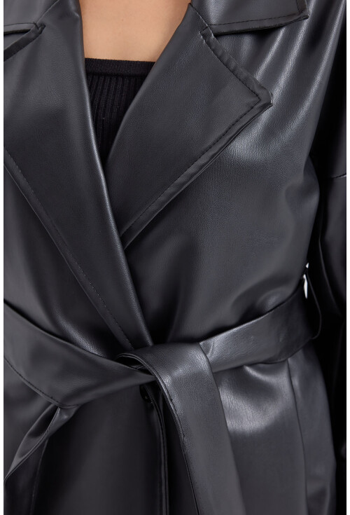 1034 Faux Leather Trench Coat With Belt
