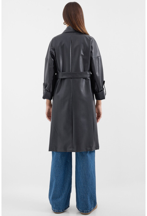 1034 Faux Leather Trench Coat With Belt