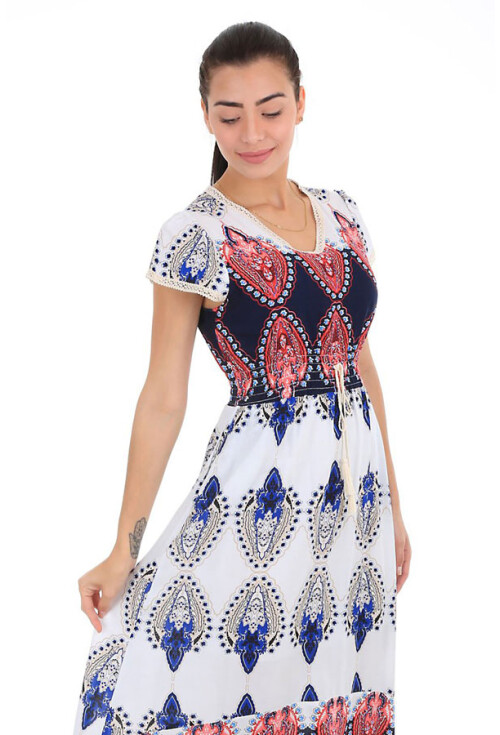 1518 BEL İP BÜZGÜLÜ DESENLİ ELBİSE