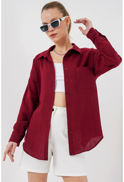 20153 Tek Cepli Oversize Keten Gömlek