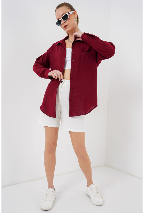 20153 Tek Cepli Oversize Keten Gömlek