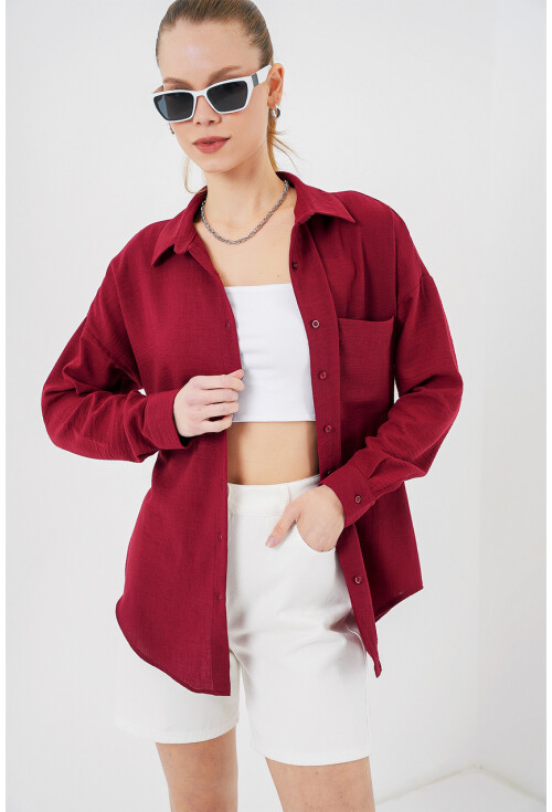 20153 Tek Cepli Oversize Keten Gömlek