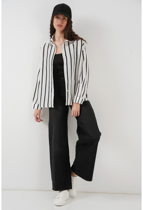 20254 Çizgili Oversize Basic Gömlek