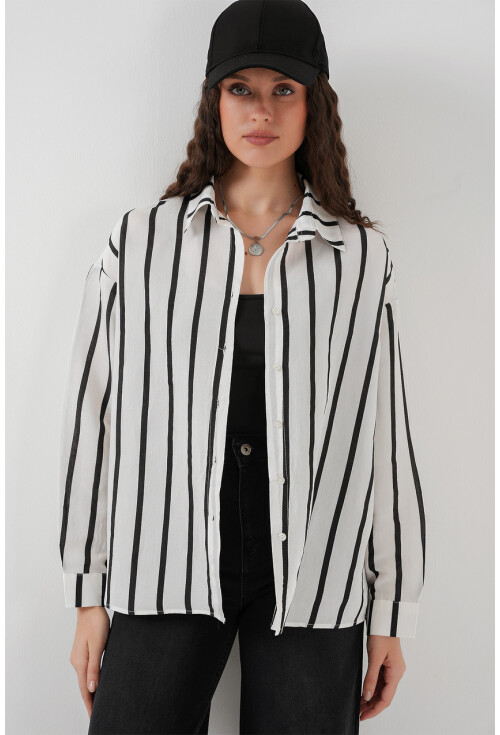20254 Çizgili Oversize Basic Gömlek