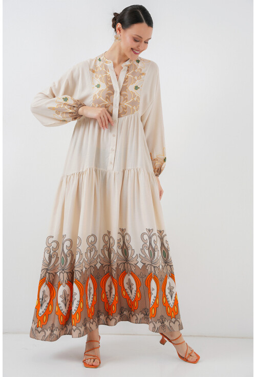 2423 Otantik Desenli Tesettür Elbise