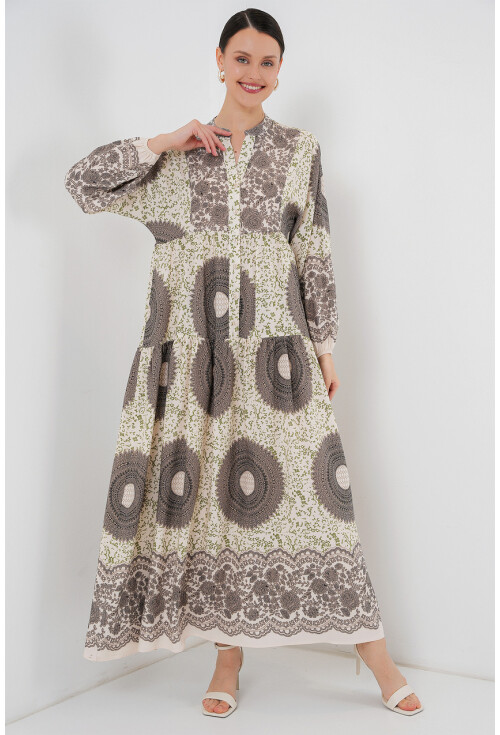 2423 Otantik Desenli Tesettür Elbise