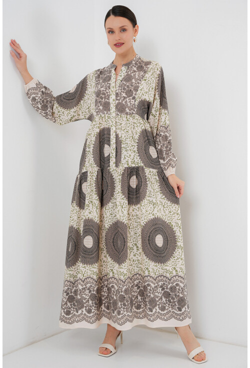 2423 Otantik Desenli Tesettür Elbise